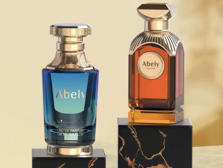 Blue and amber glass perfume bottles with metallic caps